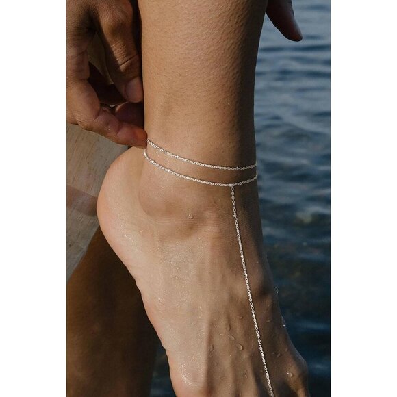 2 Layered Anklet A-SL Beaded Cuban Link Waterproof Adjustable Anklet for Women - Picture 8 of 8